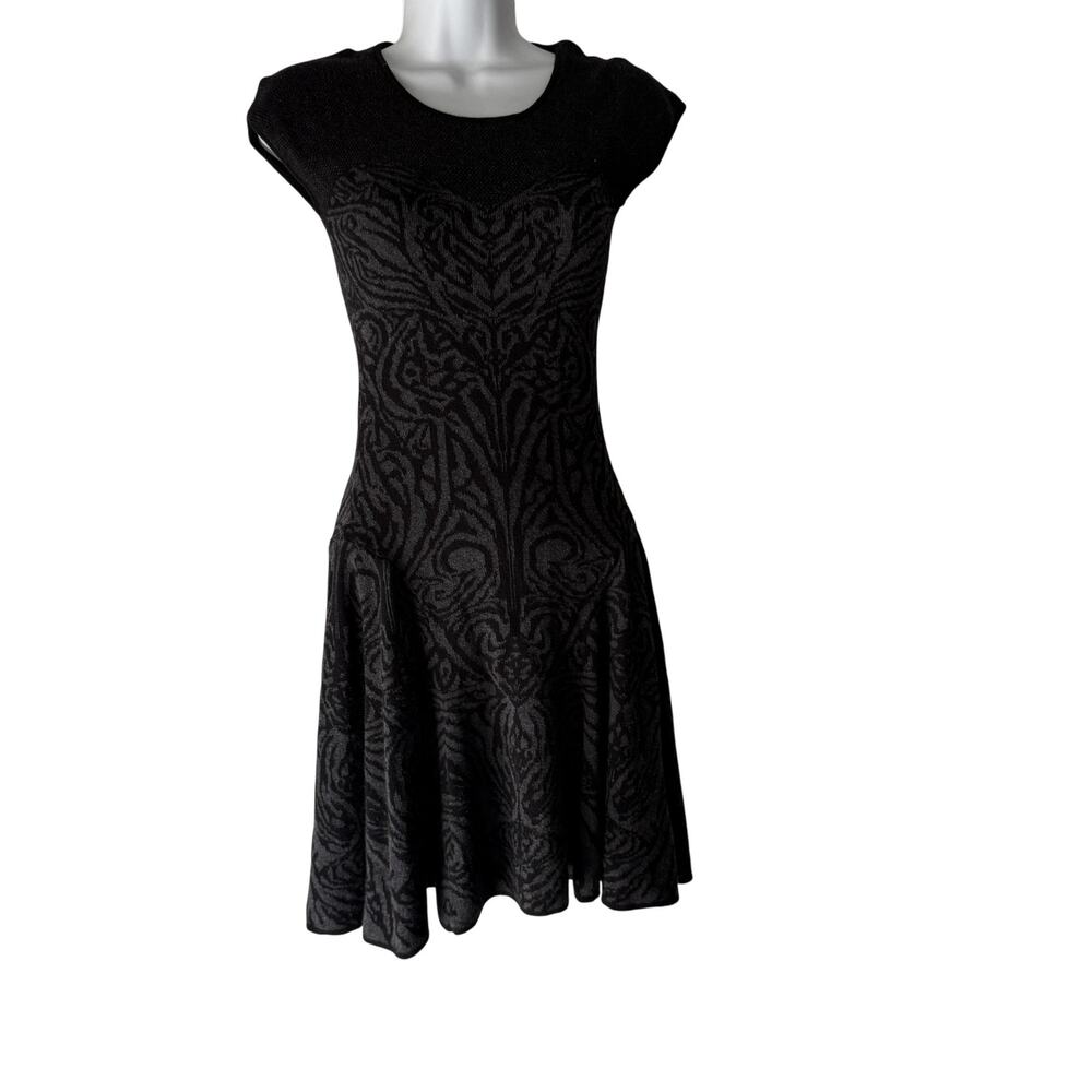Max Studio Dress Y2k XS‎ Fit Flare Jacquard Short Sleeve Knit Pattern Whimsigoth
